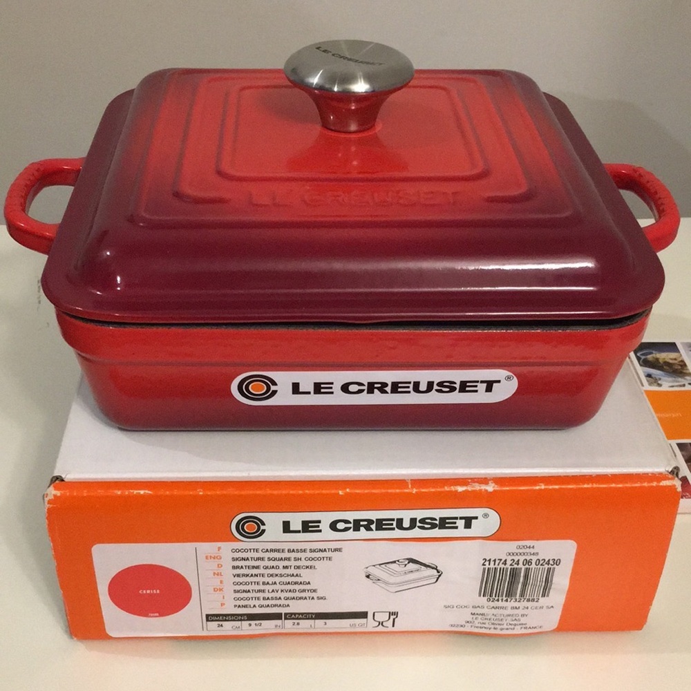 NWT Le Creuset 3 Qt Square Cocotte Cerise Red Cast Iron Dutch Oven